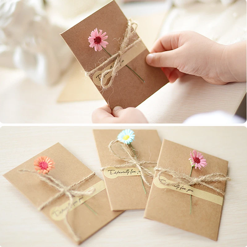 5pcs Mini Envelope Vintage DIY Kraft Paper Invitation Greeting Card with Fashion Handmade Dry Flower Wedding Favors Party Gift