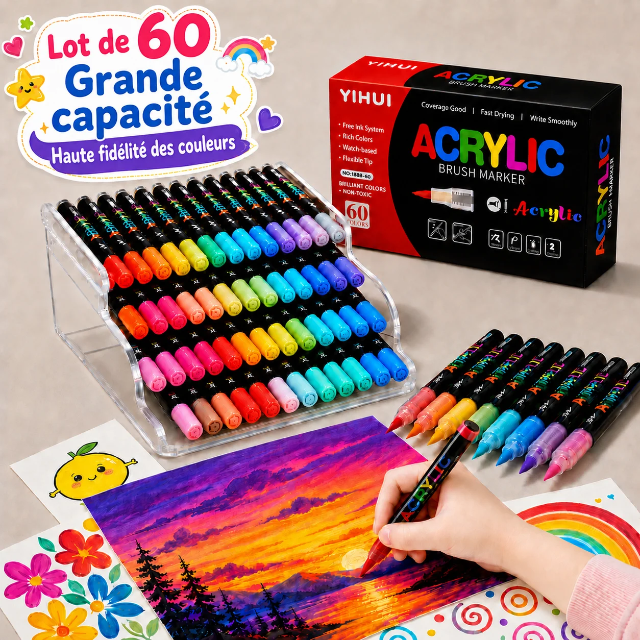 Stylos à peinture acrylique 12/24/36/48/60 couleurs, marqueurs à pointe pinceau pour la peinture sur roche, bois, pierre, verre, cadeau, bricolage, artisanat