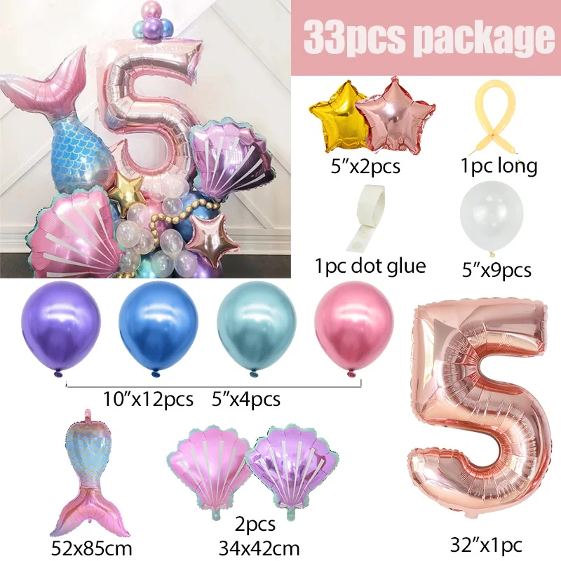 33Pcs Mermaid Tail Balloons Rose Gold 0-9 Number Foil Balloon Kids Girl Little Mermaid Birthday Party Decoration Baby Shower