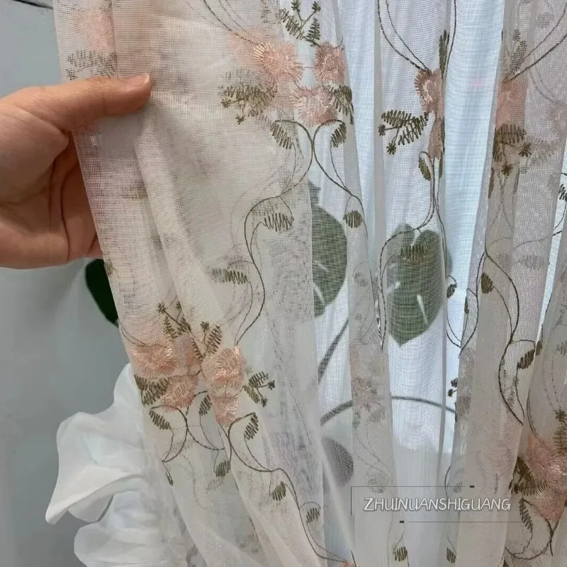 American Pastoral Curtain Gauze Free of Punching Bay Window Balcony Window Screen Floral Fresh Breeze Translucent Gauze Curtain