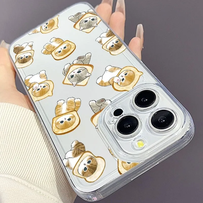 Una linda funda para teléfono espacial transparente con estampado de gato y pan, adecuada para teléfonos de la serie iPhone 17, 16, 15, Plus, Pro, Max: se puede utilizar como regalo