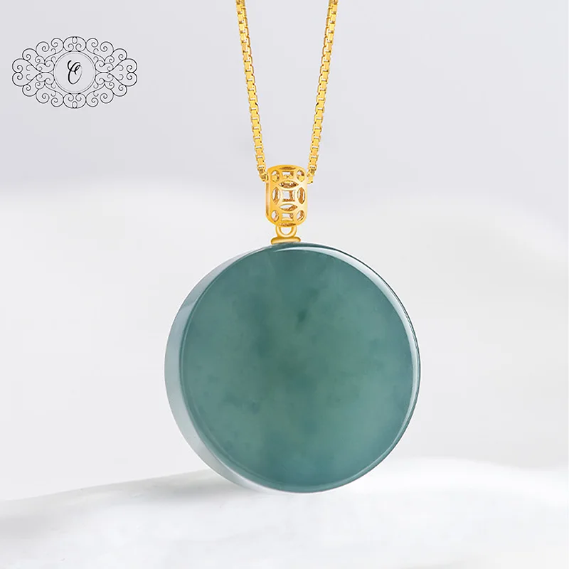 

Round Blue Jade Pendant Necklace, Gold Plated Openwork Bail Disc Charm, Minimalist Elegant Jade Jewelry