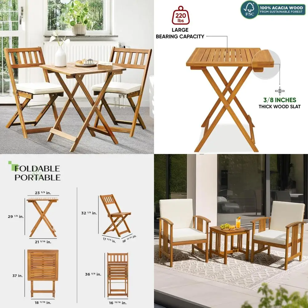 

Outdoor Folding Patio Bistro Set with Cushions, 400lbs Capacity, 3 Piece, Square Table, FSC-Certified