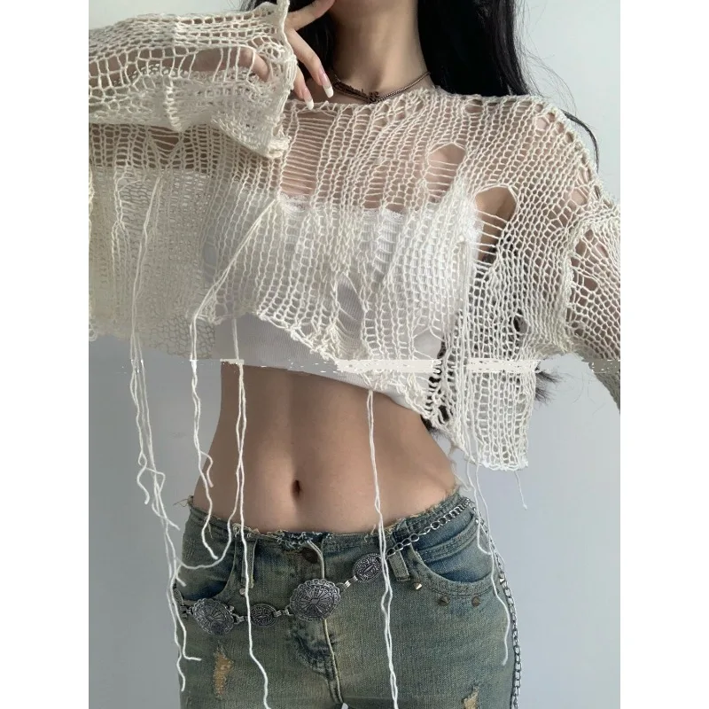 2024 Y2K Women\'s Knit Tshirt Hollow Out Knitwear Cropped Sweater Spring Short Networks Jumper Vintage Gyaru Korean Fashion