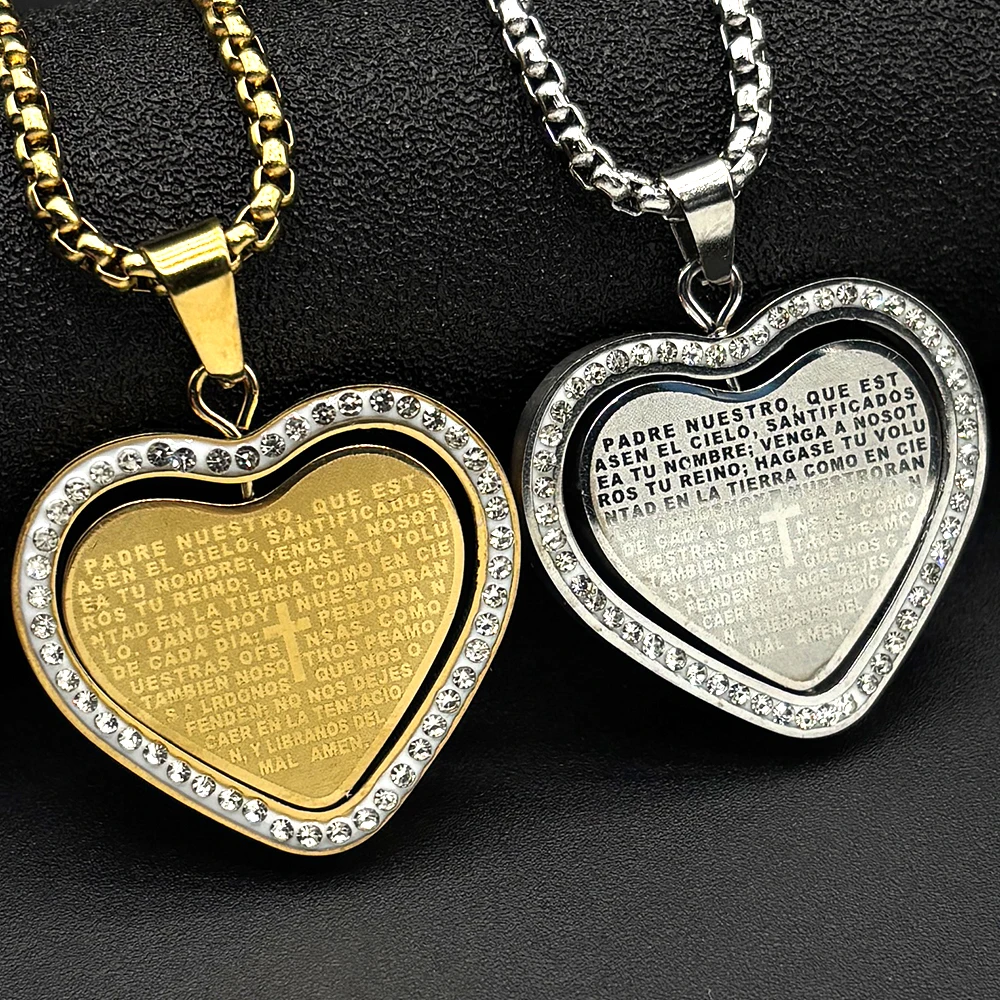 Bible Verse Cross Heart Pendant Necklace for Women Men Stainless Steel Spanish Our Father Rotatable Medal Lord's Prayer Jewelry