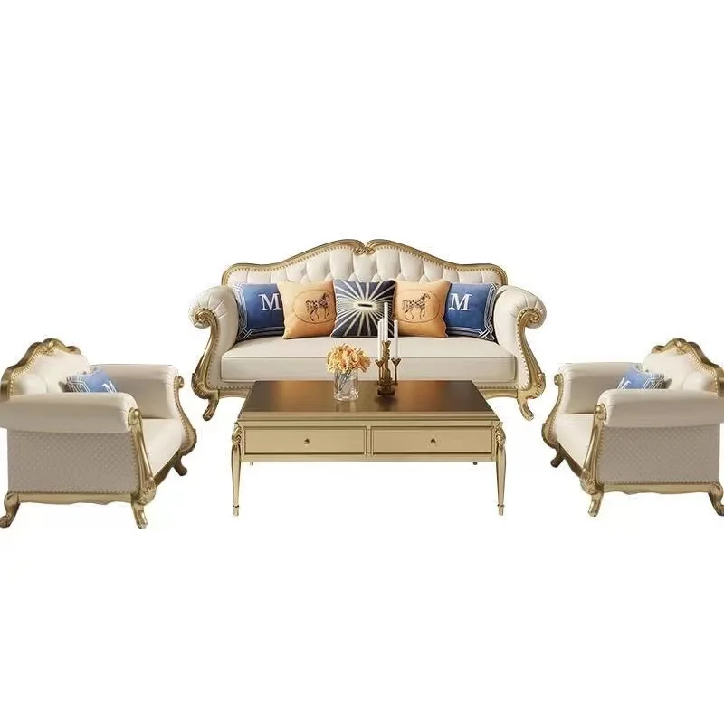 French luxury leather sofa solid wood hand-carved 1 2 3 module combination European living room sofa set furniture