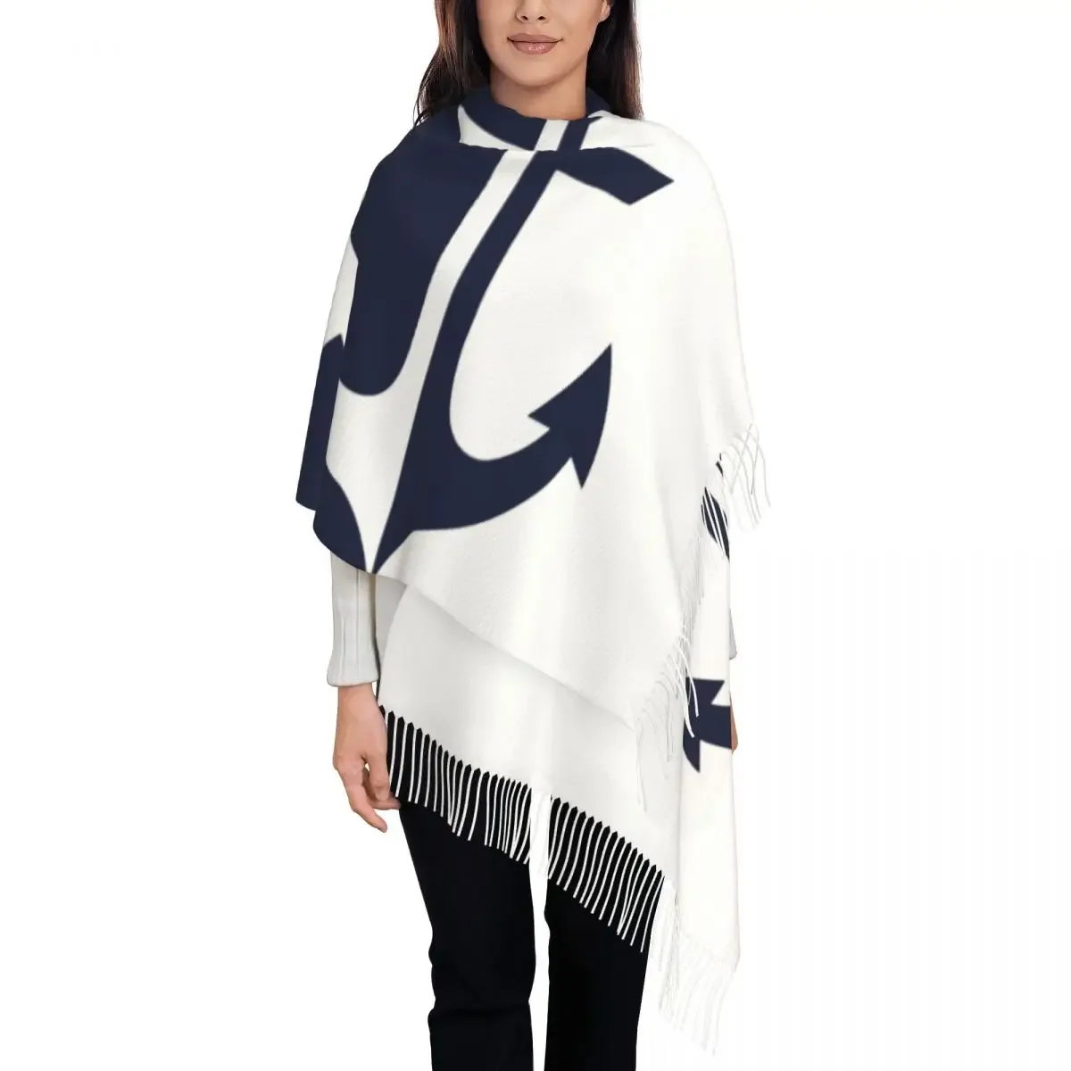 Female Large Nautical White And Navy Blue Anchor Scarves Women Winter Fall Thick Warm Tassel Shawl Wraps Navy Navigation Scarf