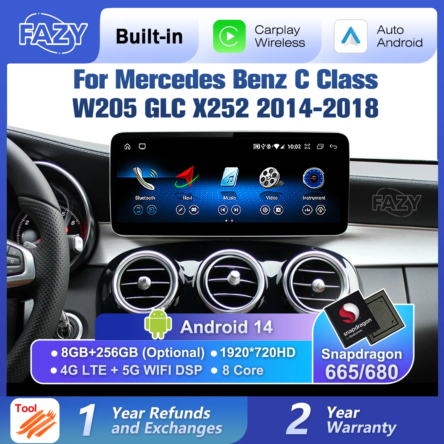 Qualcomm 680 Android 14 Wireless CarPlay Touch Screen For Mercedes Benz C Class W205 GLC X253 2014-2018 Car Radio Navigation GPS