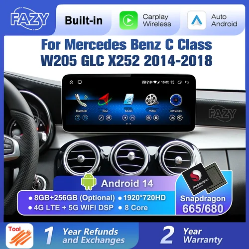 Qualcomm 680 Android 14 pantalla táctil inalámbrica CarPlay para Mercedes Benz Clase C W205 GLC X253 2014-2018 navegación de Radio de coche GPS