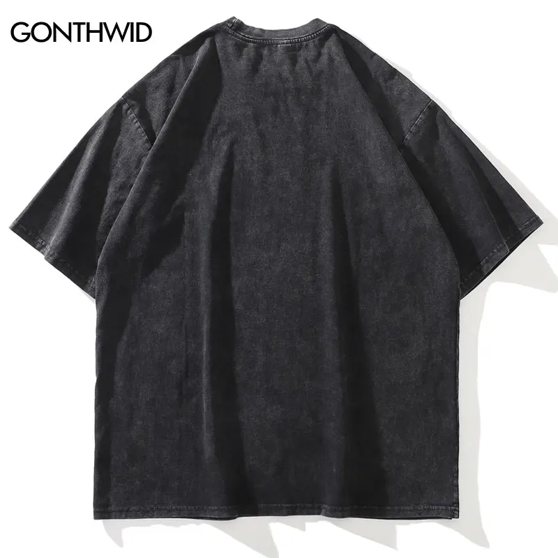 Vintage Black T-Shirt Streetwear Hip Hop Solid Color Washed Oversized Short Sleeve Tshirt Harajuku Fashion Summer Loose Tee Top