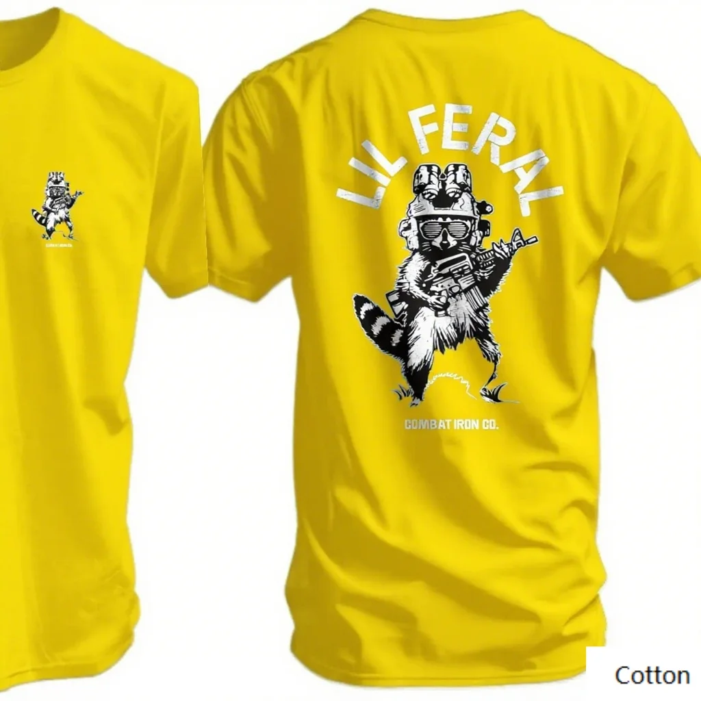 تي شيرت قطني برقبة دائرية "الحنين العسكري الحنين" بتصميم كلاسيكي من الراكون التكتيكي وعبارة "LIL FERAL"