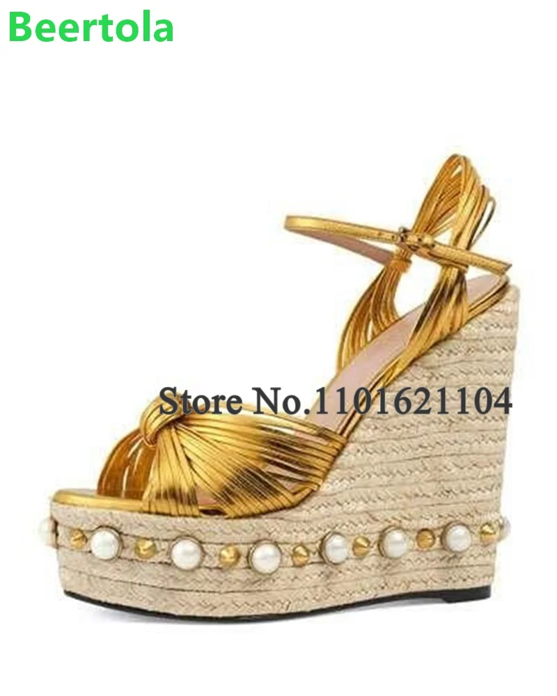 Wedges Heel Platform Pearl Luxury Design Sandals For Female Women Ankle Buckle Strap Round Toe Fashion Elegant Summer Dress Shoe