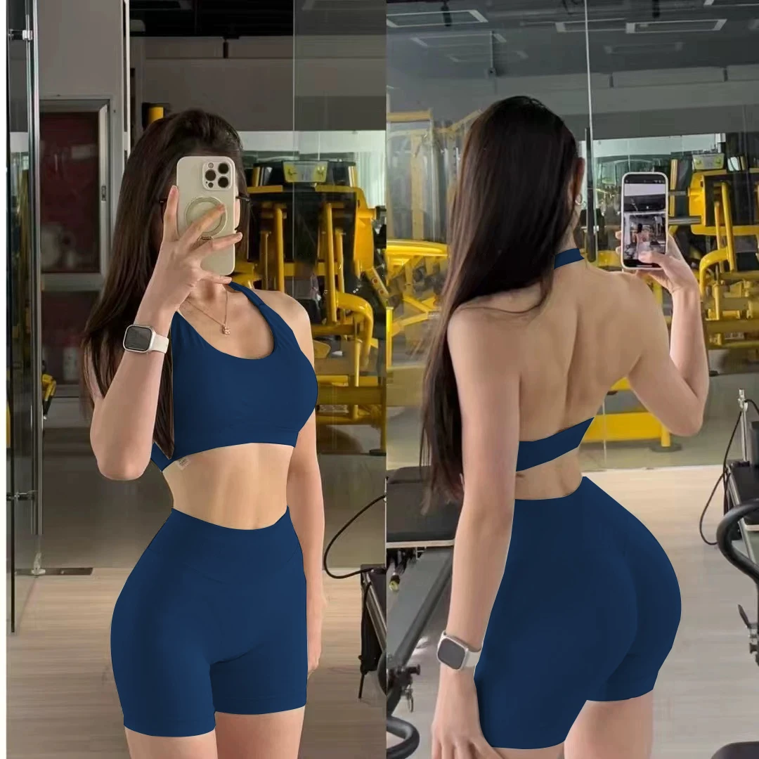 2-teiliges nahtloses Yoga-Outfit mit Neckholder-Top für Damen, Sport-BH, Shorts, Beauty-Back-Top, Lauf- und Fitnesshose, dehnbares, enganliegendes Set – Detail 15