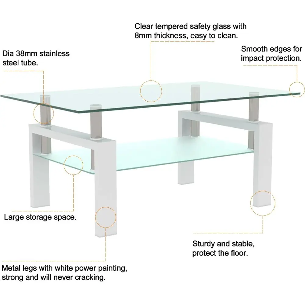 Rectangular Tempered Glass Coffee Table with Metal Frame, 2-Tier Storage for Living Room and Small Spaces