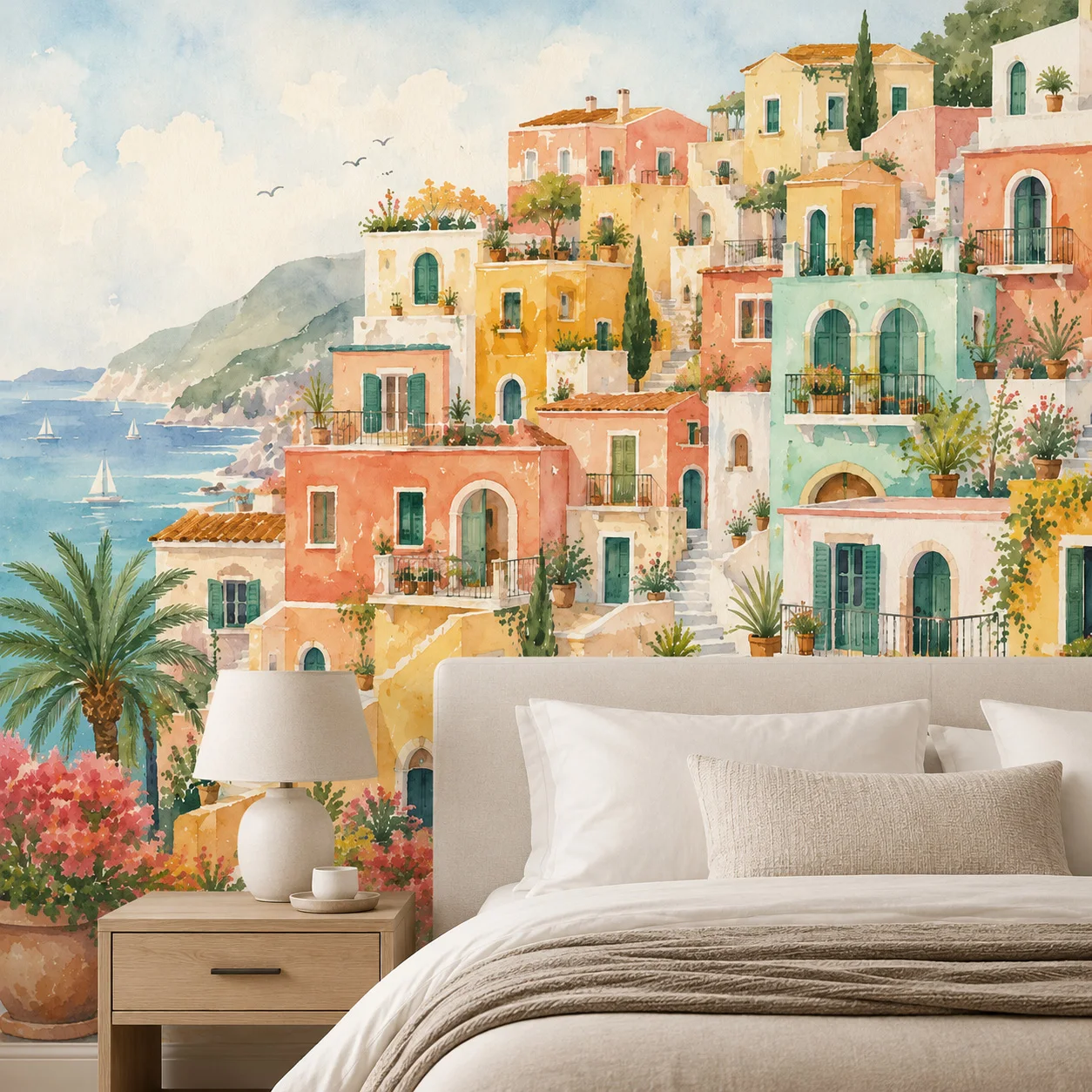 Watercolor Mediterranean Coastal Village Wall Mural Wallpaper Colorful Seaside Houses Dining Room Living Room Non Self Adhesive