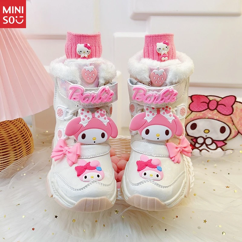 أحذية الثلوج من الفرو الصناعي للفتيات من Miniso - أحذية شتوية جلدية على طراز الأميرة، مبطنة بالقطيفة ودافئة لعام 2025