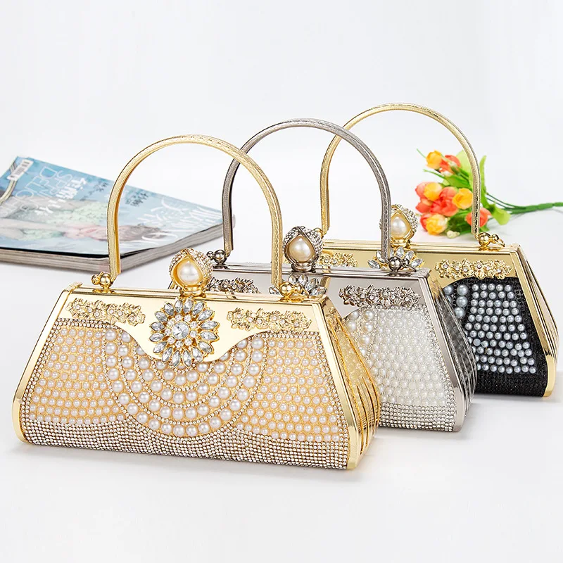 Fashion Women Evening Cluthes Vintage Ladies Phone Pack Pearl Dinner Handbag Girl Gift Diamond-studded Banquet Dress Pouch