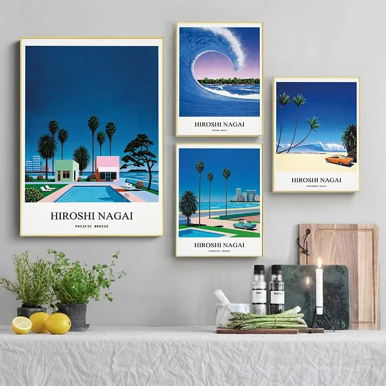 Vintage Nagai Hiroshi Vaporwave Japan Beach City Summer Wall Art Canvas Painting Printing Wall Painting Living Room Decor