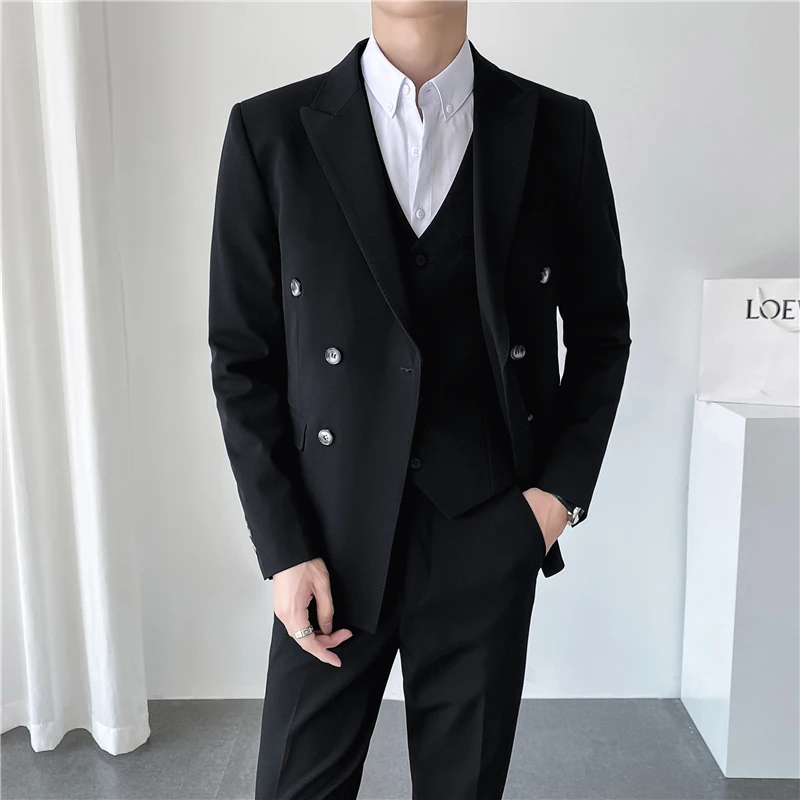 Blazer Vest Pants High-end Boutique Fashion Solid Color Casual Business Office Men\'s Double-breasted Suit Wedding Dress Party