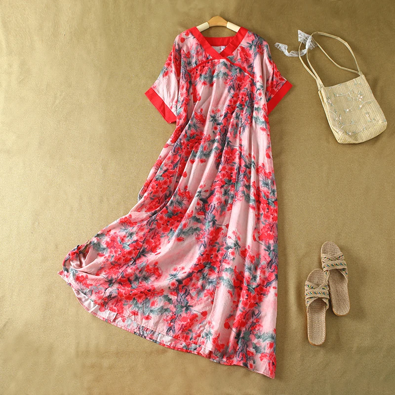 

Retro Floral Print Cotton Linen Long A-Line Dr Summer Women's plus Size V-Ne ort Sve Gown Loose Fit Comfortable Dr