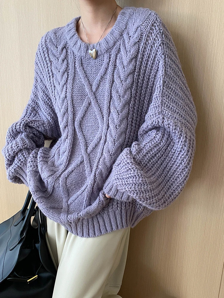 [EAM] Beige Big Size Thick Knitting Sweater Round Neck Long Sleeve Women Pullovers New Fashion Tide Spring Autumn 2024 1DH7136