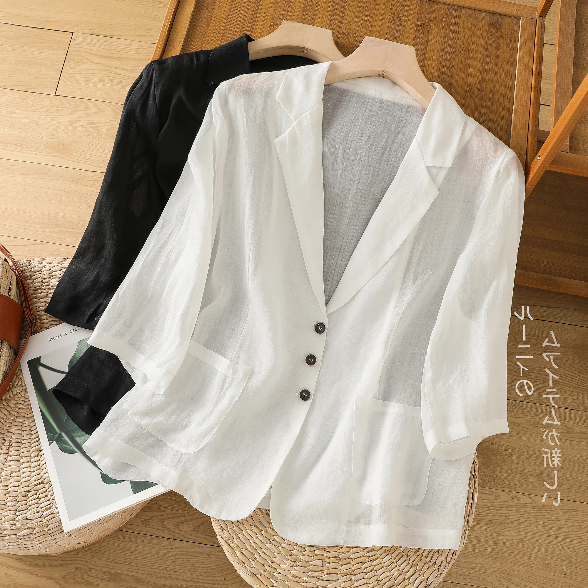 

Spring Summer Thin Sheer Black White Cotton Linen Blazer Jacket Coat Women Half-Sleeve Button Cardigan Cover Ups Lady Outerwears
