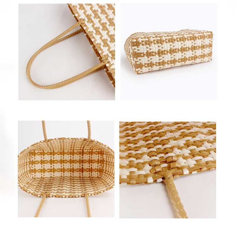 Gewebte Kunststoff-Gemüsekorb-Umhängetasche, vielseitige Damen-Handtasche im Lazy-Style, leichte Strand- und Einkaufstasche für den Urlaub – Detail 3