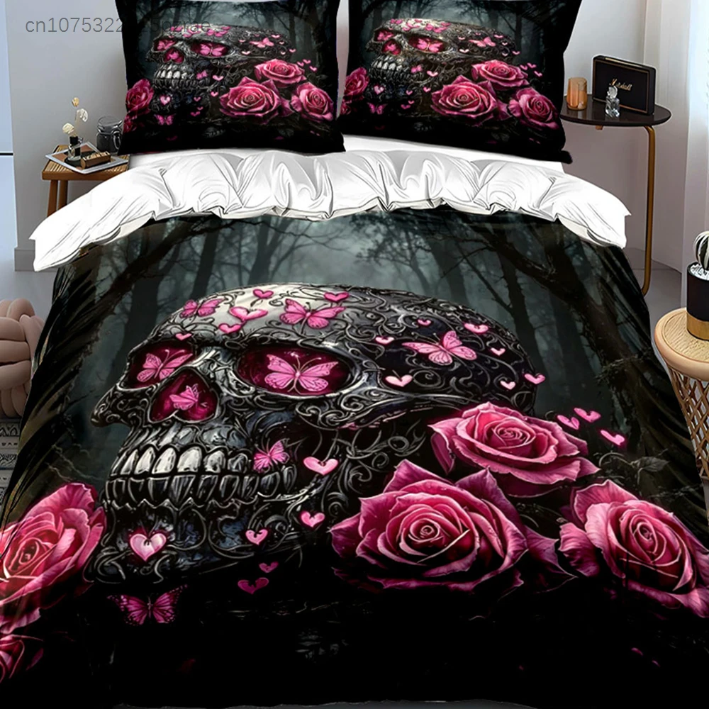 3pcs Dark Gothic Skull Rose Butterfly Print Duvet Cover Set, 1 Duvet Cover +2 Pillowcases, All-Season Home Dormitory
