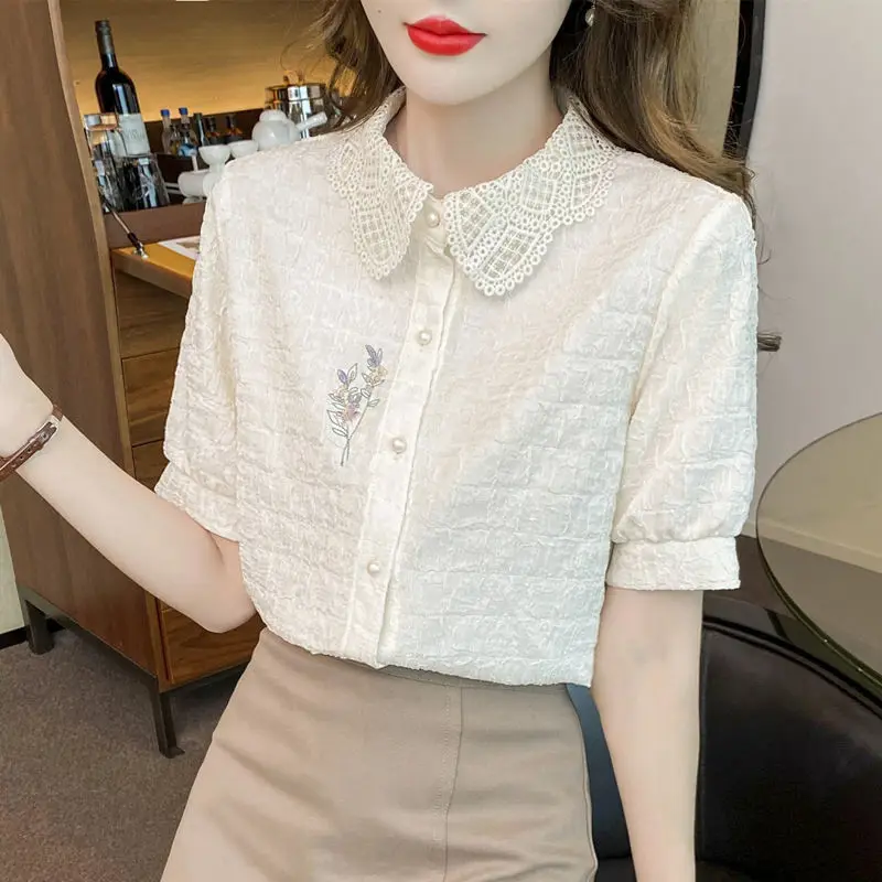 Fashion Solid Color Embroidered Blouse Womne New Classic Summer Short Sleeve Peter Pan Collar Single-breasted Lady Shirt 2023