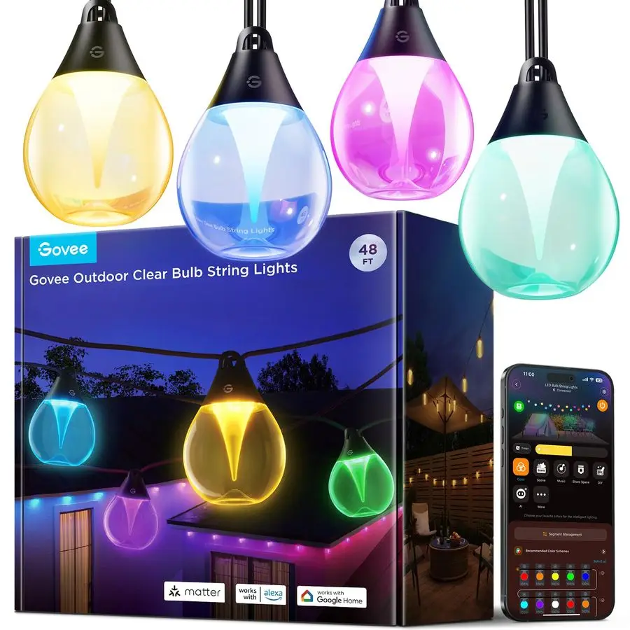 Outdoor Clear Bulb String Lights, 48ft RGBWIC Outdoor Lights with 15 Dimmable Warm White LED Bulbs, 111 Scene Modes for Patio, B