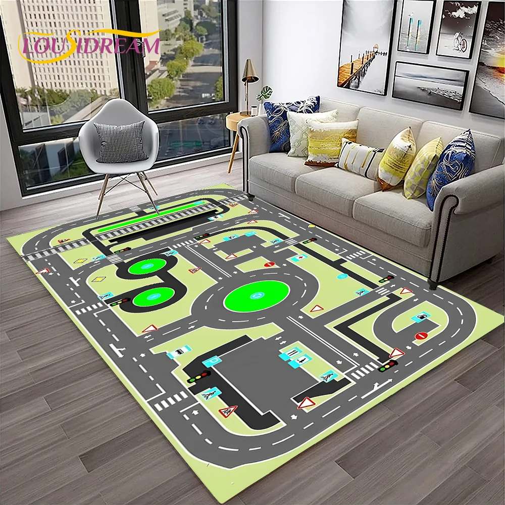 Child Playmat Traffic Highway City Playroom Carpet Rug for Home Living Room Bedroom Doormat Decor, Area Rug Non-slip Floor Mat