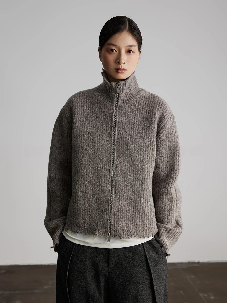 

Женский кардиган из шерстяной смеси на молнии с высоким воротником для обычных случаев, универсальный осенне-зимний свитер с отделкой из флиса