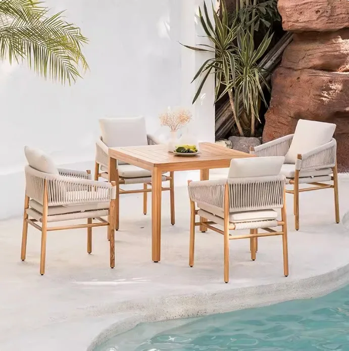 Outdoor table and chairs courtyard villa teak table open-air outdoor garden terrace preservative wood rope woven