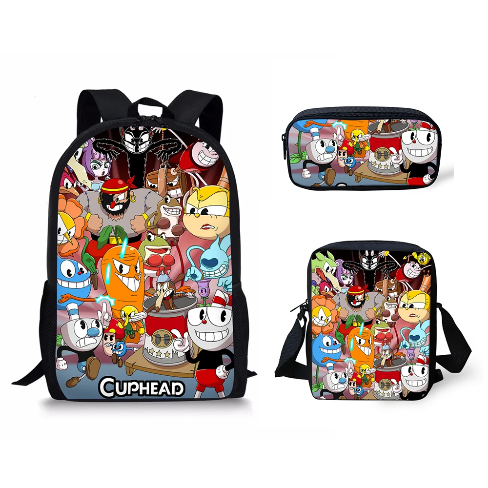 Classic Creative 3D Cuphead Padrão Aluno Sacos De Escola, Mochila Laptop Daypack, Inclinado Bolsa de Ombro, Lápis Caso, 3pcs por conjunto