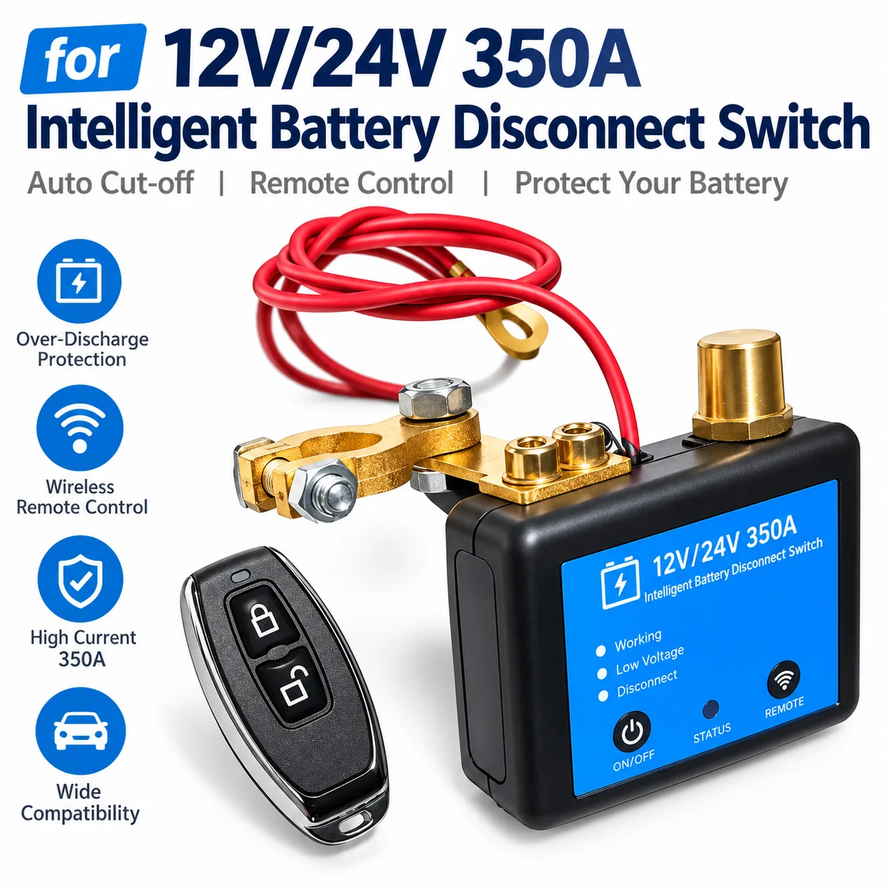 12V 24V Battery Disconnect Switch 350A Car Truck Remote Control Battery Kill Switch Top Mount Smart Auto Cut Off