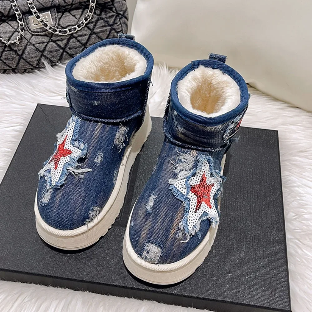 Sepatu bot pendek wanita, Jeans Denim Sequin, hangat di musim dingin, gaya etnik, gadis