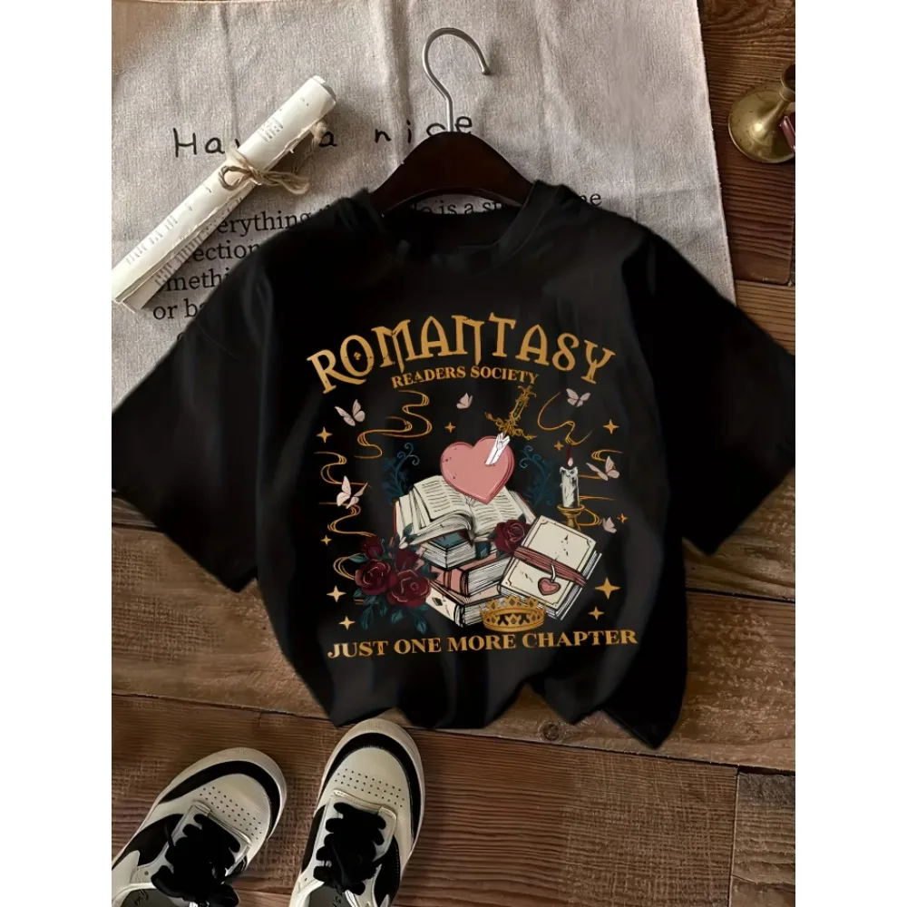 Romantasy Readers Society T Shirt Just One More Chapter Graphic Tee Women Book Lover Vintage Print Short Sleeve Casual