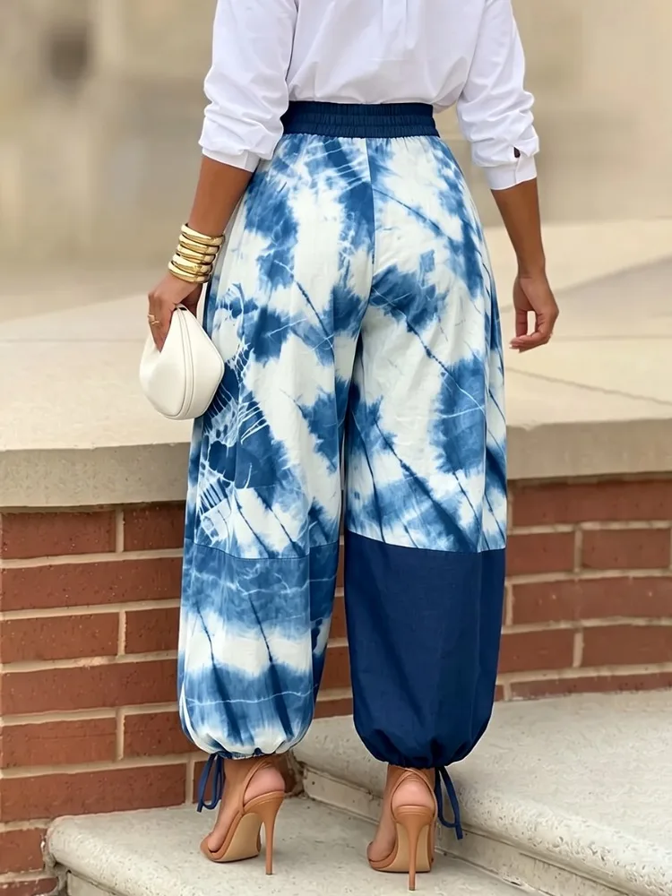 UOOZEE Women Contrast Color Printed High Waist Patchwork Harem Pants Loose Drawstring Ankle-Tied Casual Balloon Trousers view 2