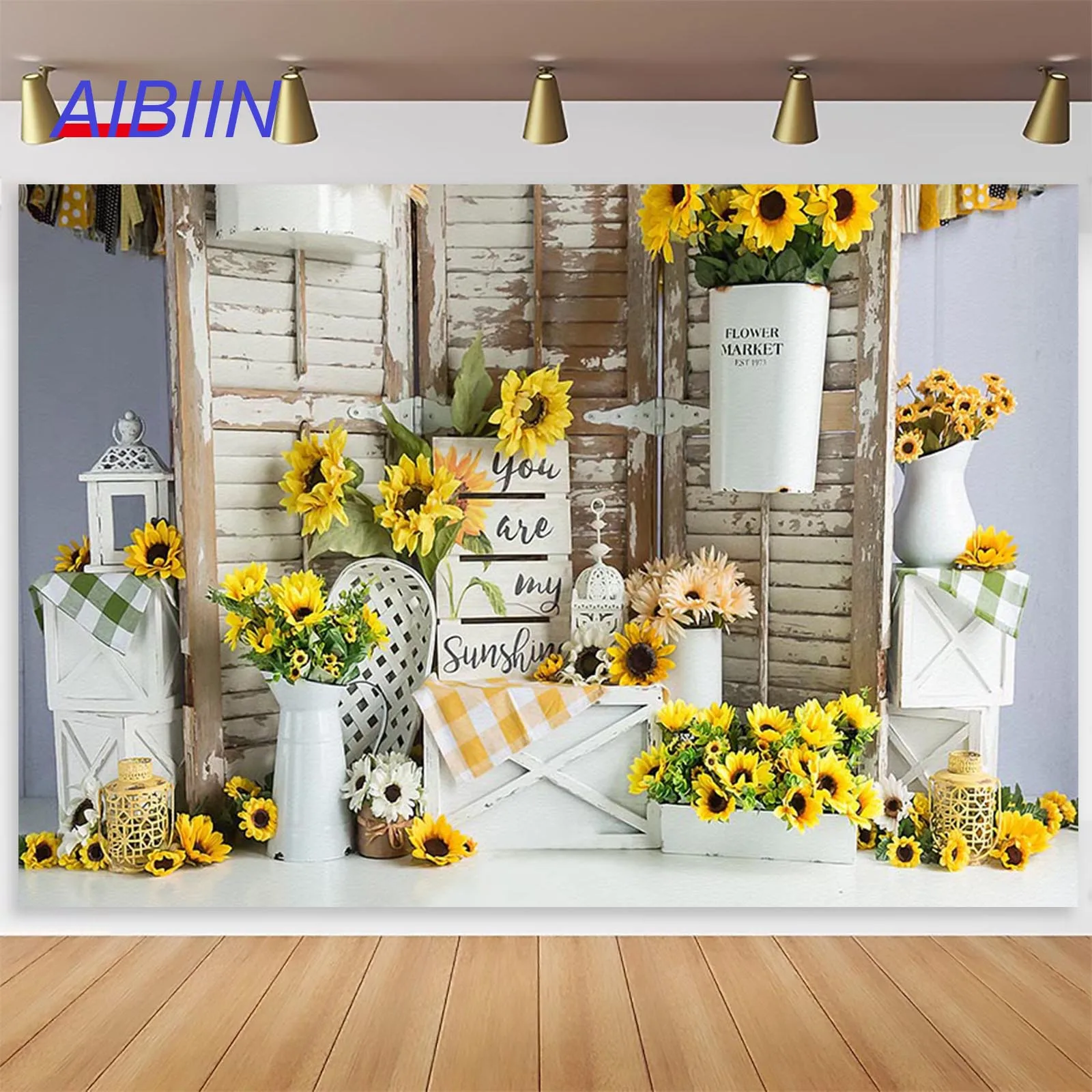 Spring Sunflower Wood Photography Backdrop Newborn Birthday Baby Shower Cake Smash Background Cake Portrait Party Decoration