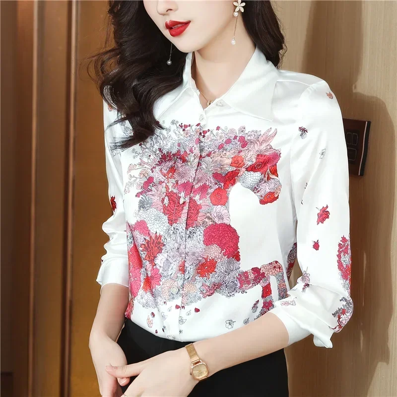 Satin Long Sleeve Shirt Women 2024 New Summer Printing  Korean Fashion Loose Comfortable Single-breasted Lapel  Blouse