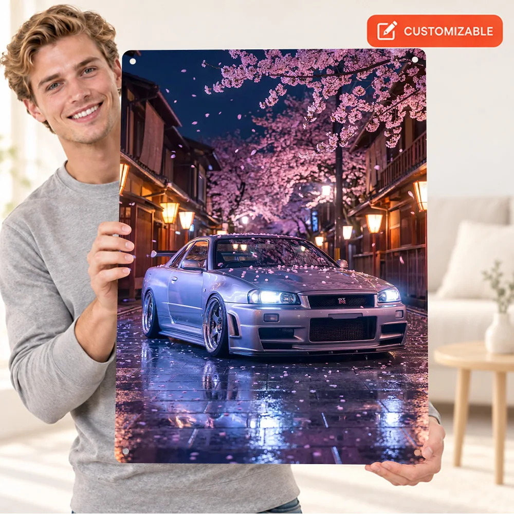 Japanese Skyline R34 Cherry Blossoms Car Aluminum Poster Customized Metal Sign Neon Cyberpunk Style Wall Art For Home Garage