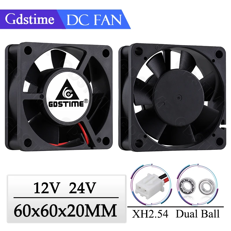 2 szt Gdstime 60x60x20mm 6020 12V 24V Podwójna kula Wentylator chłodzący drukarkę 3D 60mmx20mm Bezszczotkowy sprzęt maszynowy Wentylator chłodzący silnik DC