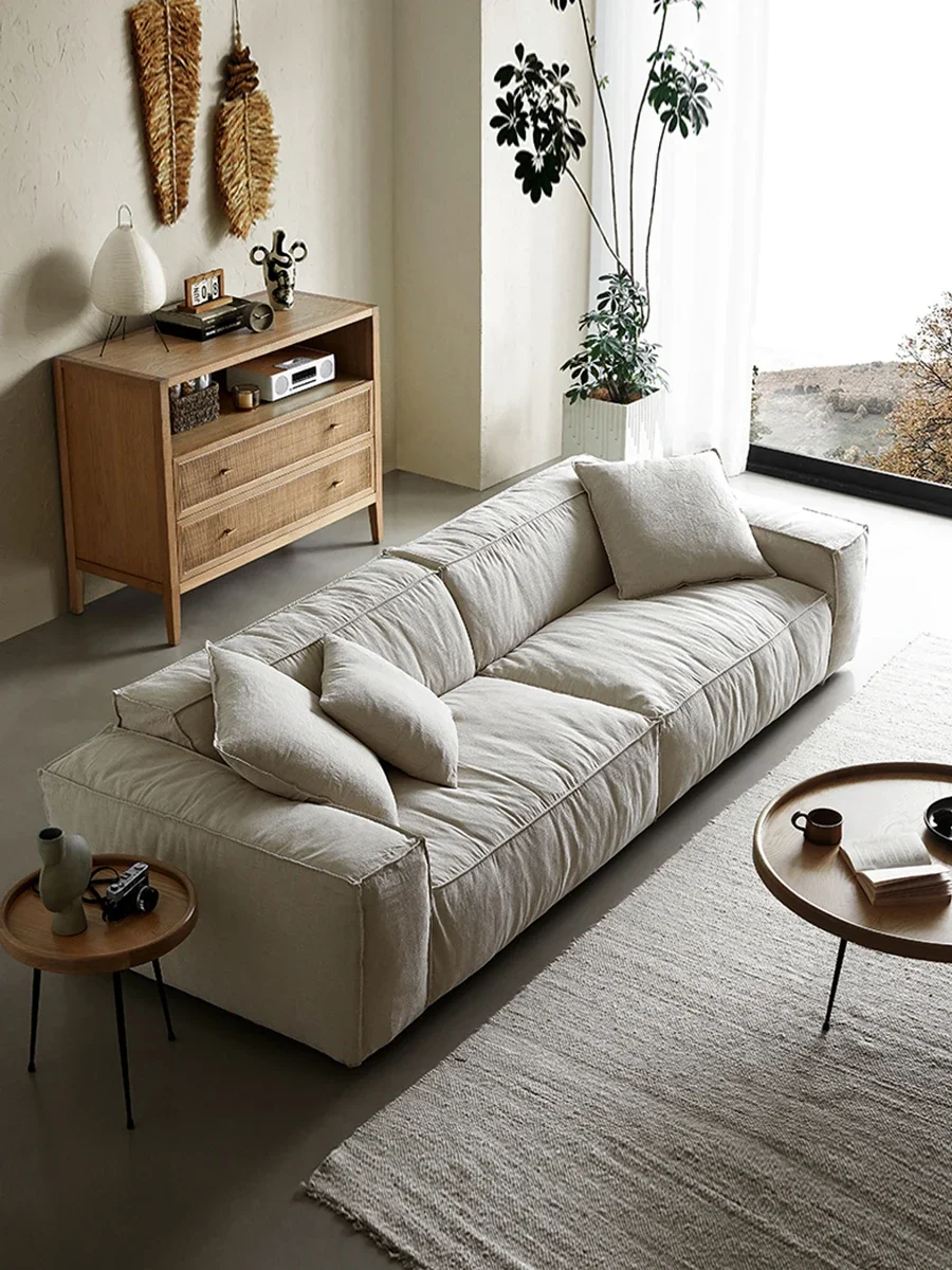 

Wabi sand wind linen fabric sofa tofu block Nordic living room straight corner cotton and linen cream wind sofa