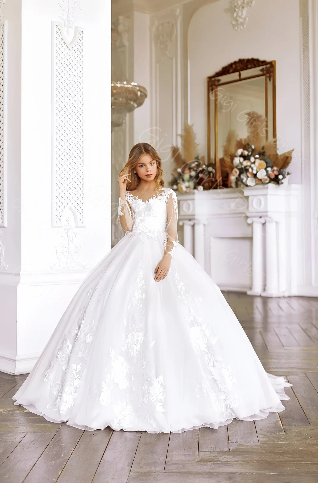 Vestido blanco de primera comunión con apliques de cuello transparente, vestido de niña de flores de manga larga con tren, vestido personalizado para fiesta de cumpleaños y boda