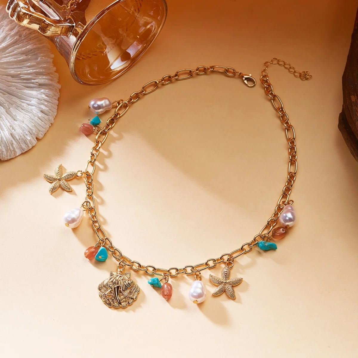 Sommerliche Muschel-Seestern-Imitationsperlen-Quasten-Anhänger-Halskette für Damen und Herren – Seepferdchen, Fisch, Muschel, Schildkröte, Delfin Choker-Schmuck – Detail 21