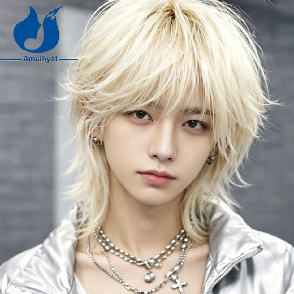Amethyst Wolf Cut #60 White Blonde Pre Styled FulL Lace Wig Human Hair for Men Platinum Mullet Wig Male Hair System Short Cut