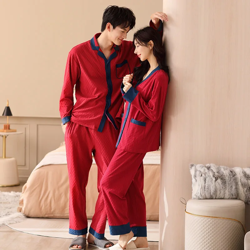 Couples V-Neck Pajamas Festive Red Pajama Sets Sleepwear Long Sleeve Tops + Pants Pyjamas Cotton Home Clothing Pijamas Mujer