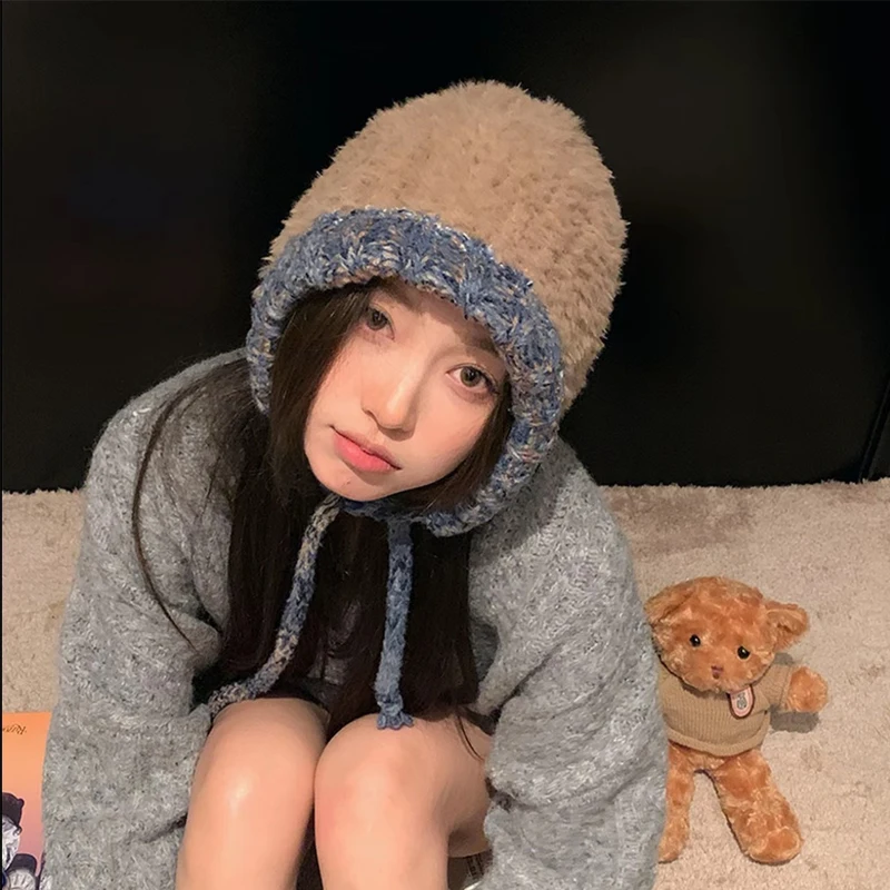 

Women's Hoodie New Korean Versatile Fashionable Sweet Kawaii Hoodie High Quality Thickened Plush Warm Knitted Wool Hats For Girl