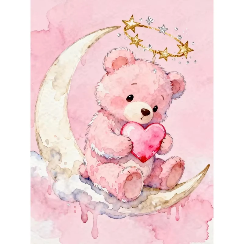 Kit de Peinture Diamant 5D DIY Ours en Peluche Rose Scène Lunaire Étoilée Art Mosaïque Strass Complète Décoration Murale Cadeau pour Adultes