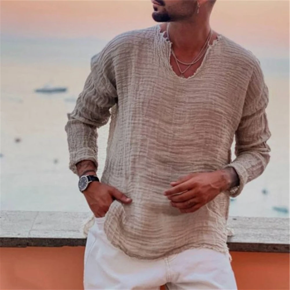 T-Shirt Mens Shirt Blouse Top Classic Daily Linen Blend Long Sleeve Male Muscle Office Outdoor Solid Tee V-Neck